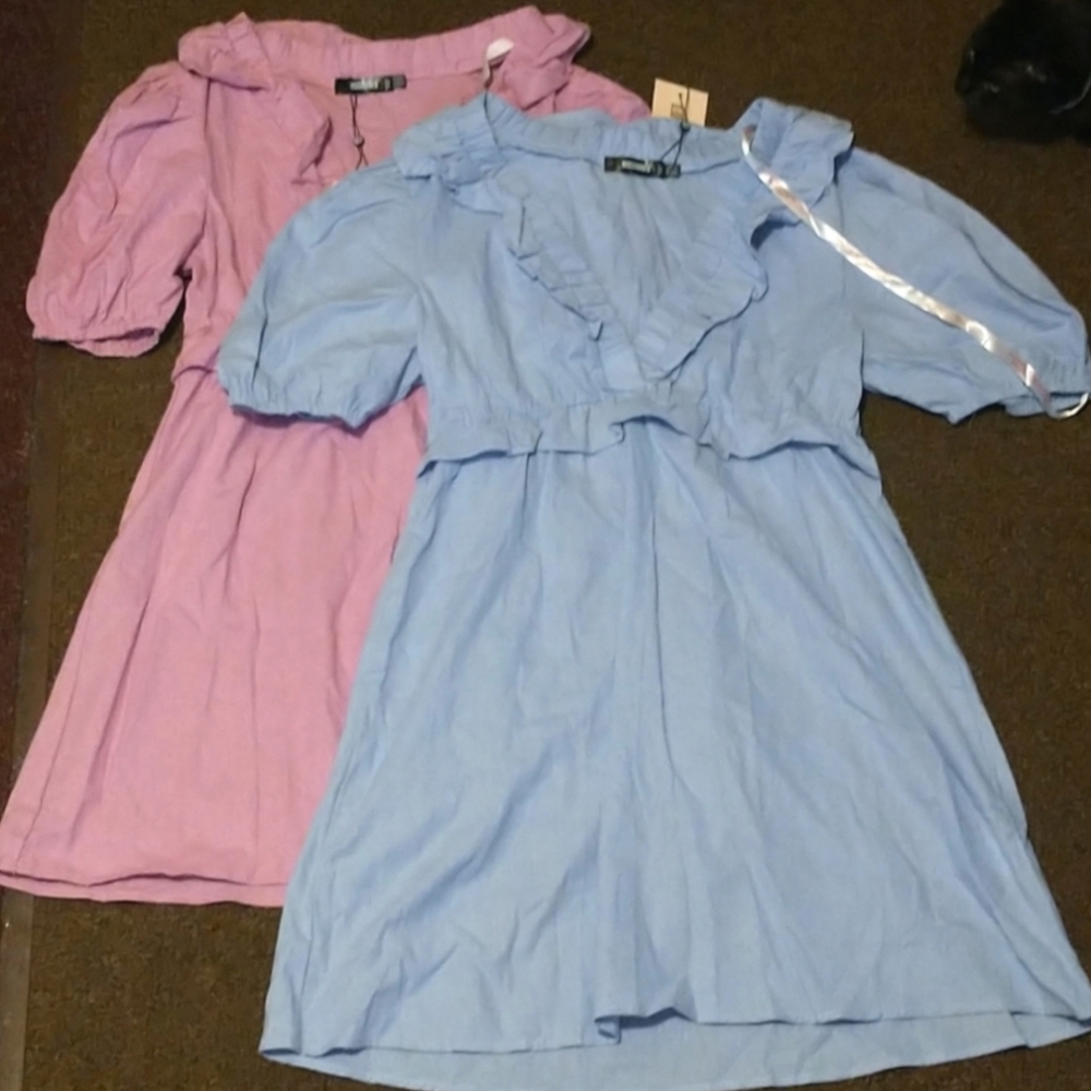 Missguided Poplin Frill Waist Skater Dress SS Linen Look Blue V-neck Puff Sleeve - Picture 10 of 10